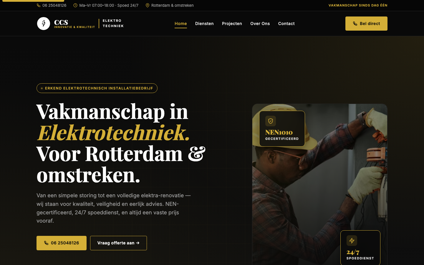 Screenshot van de homepage van CCS Elektrotechniek